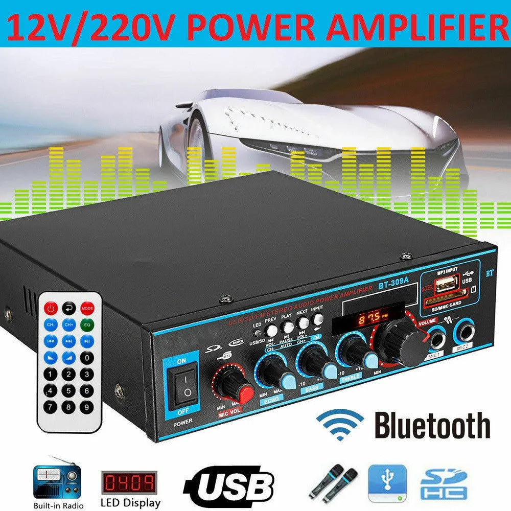 Black Bluetooth power amplifier with dual 220V/12V operation for home and car audio systems