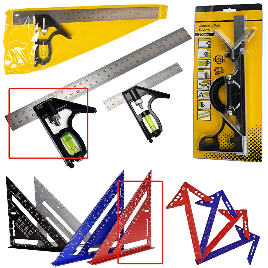 Red 7-inch metal combination angle ruler with metric scale, two tools in a clear bag.
