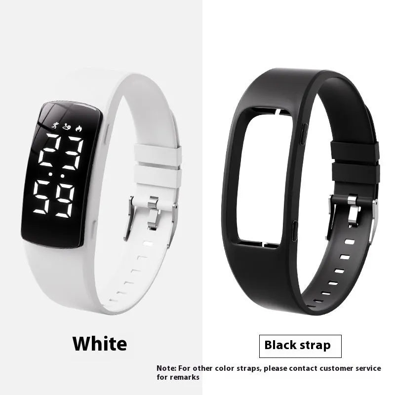 Vibration alarm smart watch with coloured silicone strap and LED display on wrist