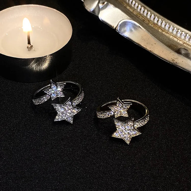 Gold cold style zircon star open-end ring and bracelet set for women on copper