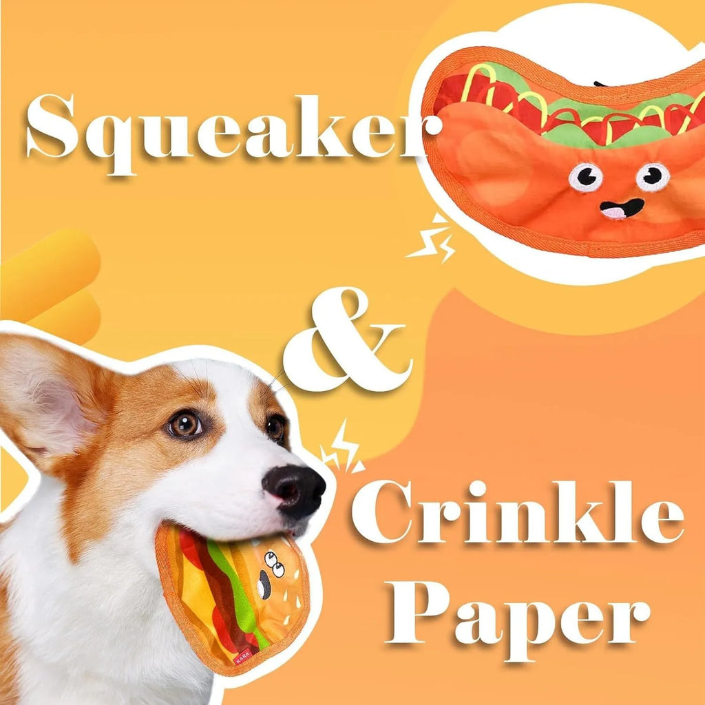 Hamburger shaped crinkle and squeak dog toy with no stuffing for safe interactive play