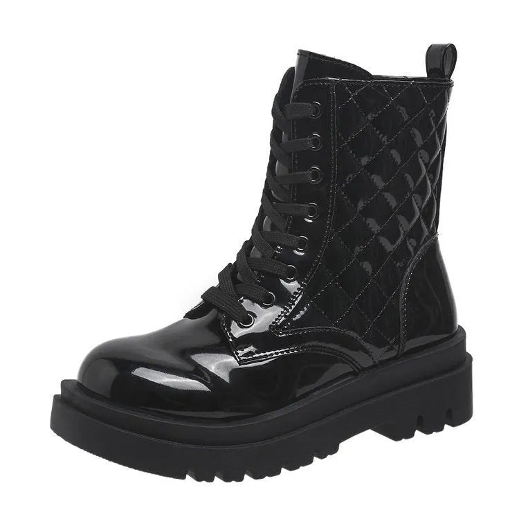 Women's lace-up thick-heeled ankle boots with quilted pattern, round toe, and rubber sole in beige