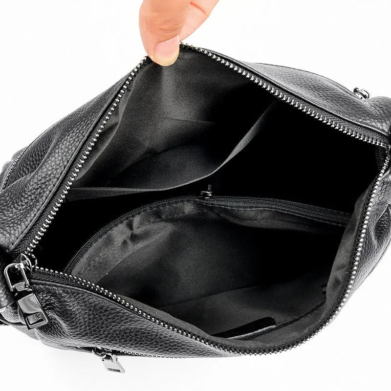 Genuine leather messenger bag soft pillow shape single strap first layer cowhide black large