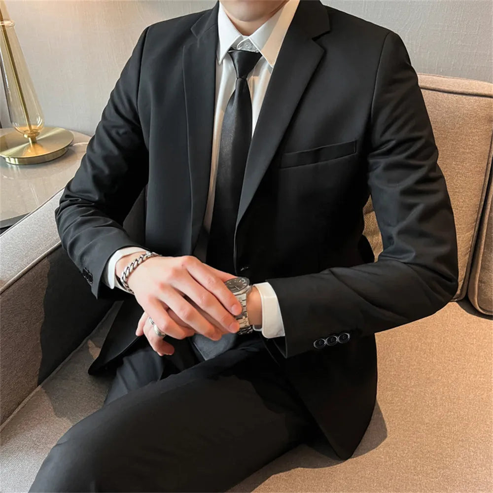 Men's slim fit corduroy suit set with shirt and tie in Korean style, spring collection
