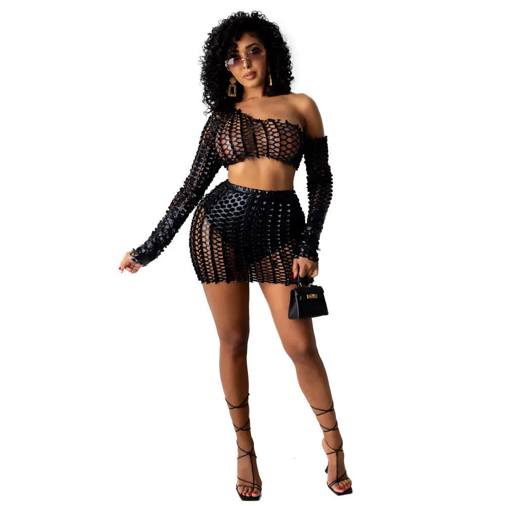 Women's black net hole hollow-out two-piece dress set with sleeveless top and short skirt