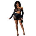 Women's black net hole hollow-out two-piece dress set with sleeveless top and short skirt