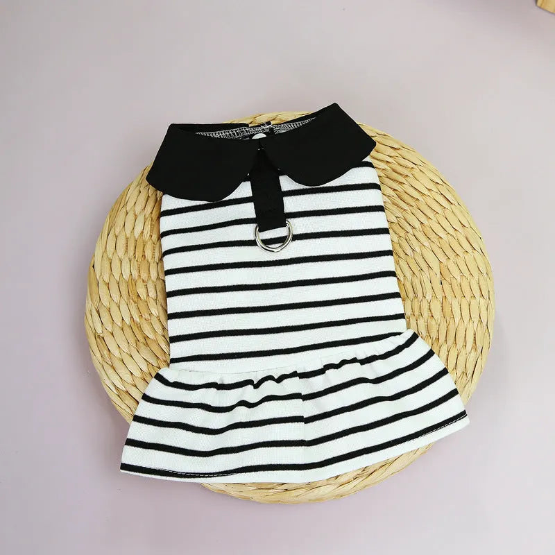 Pet dog wearing cotton t-shirt and striped skirt summer clothing set