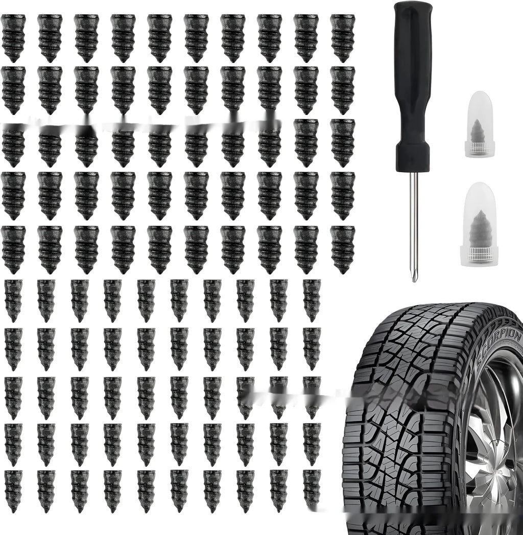 Rubber screws tyre repair kit with 50 large and 50 small screws and black screwdriver on a workbench