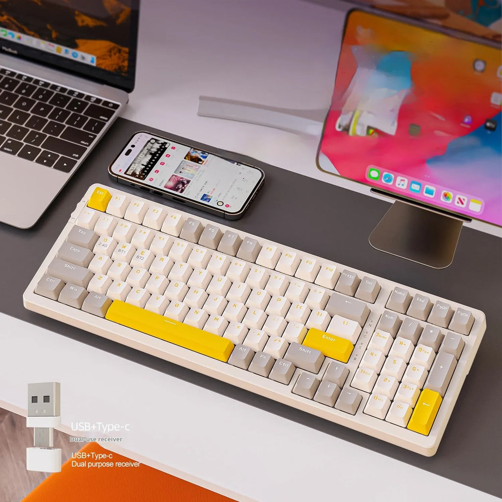 Free Wolf K96 Bluetooth dual-mode mechanical keyboard with red switches in blueberry, cheese, lemon, and shimmer colour options