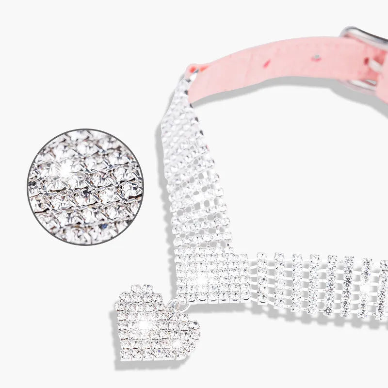 Pink suede cat collar with love-shaped rhinestone diamond, adjustable buckle, 37x1.5cm size