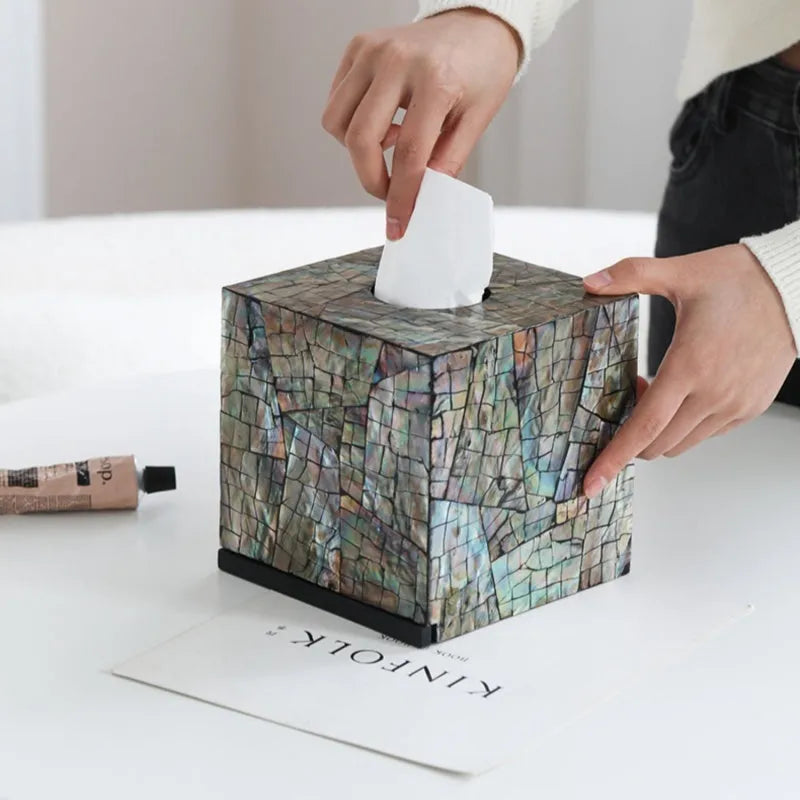 Black natural shell tissue box storage organiser with removable compartment on a coffee table.