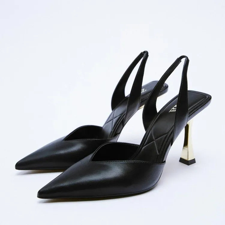 Women's patent leather pointed high heels with shallow mouth design in apricot colour