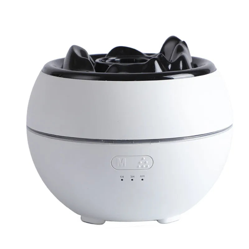 Flame aroma diffuser with timer, 300ml water tank, black crack style, on a wooden desk, with visible USB cable