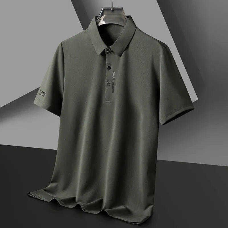 Men's waffle short sleeve polo shirt, loose fit, polyester, side slits, available in black, green, khaki, and other colours