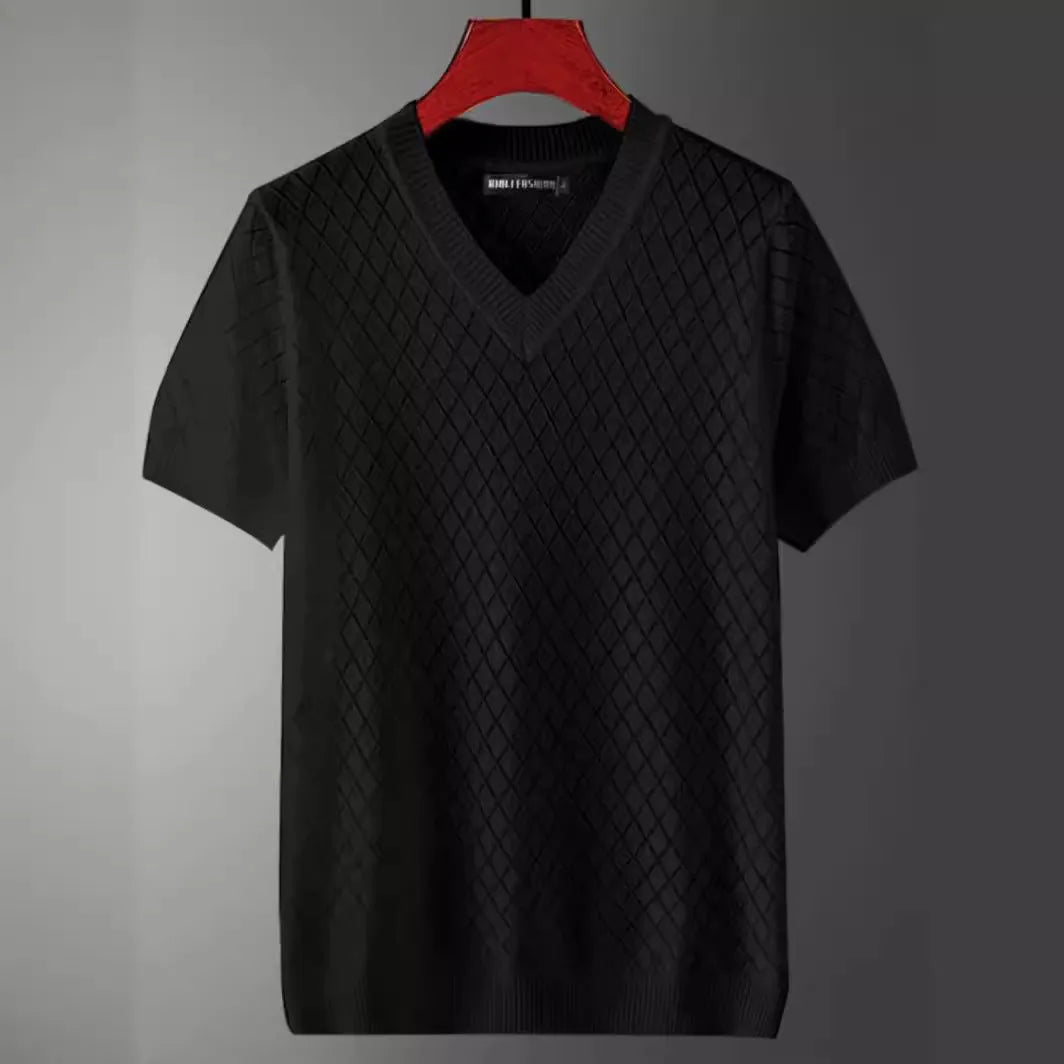 Men's ice silk Korean style short sleeve T-shirt available in white or black with V-neck or round neck options.