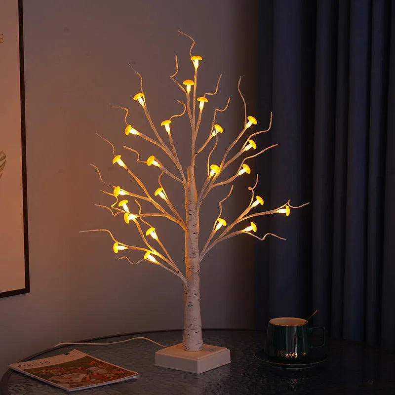 60cm tall white LED mushroom tree lamp with detachable flowers on a wooden surface