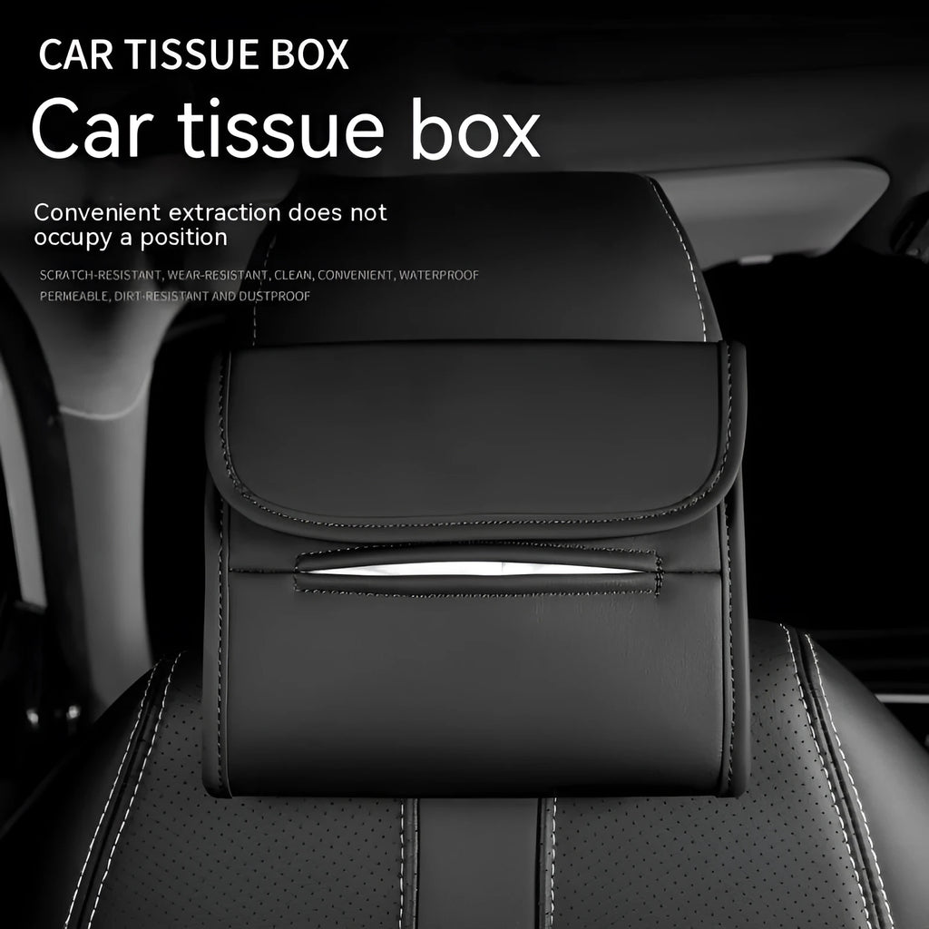 Leather car tissue box with elastic band mounting for vehicle installation