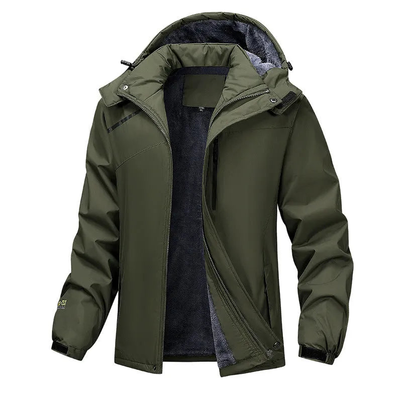 A man's loose-fitting hooded waterproof coat in army green, shown on a hanger.