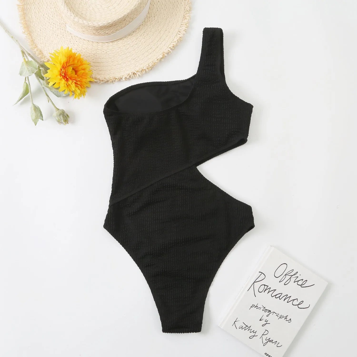 Plain solid colour one shoulder one piece swimsuit for women polyester fabric swimming wading beachwear