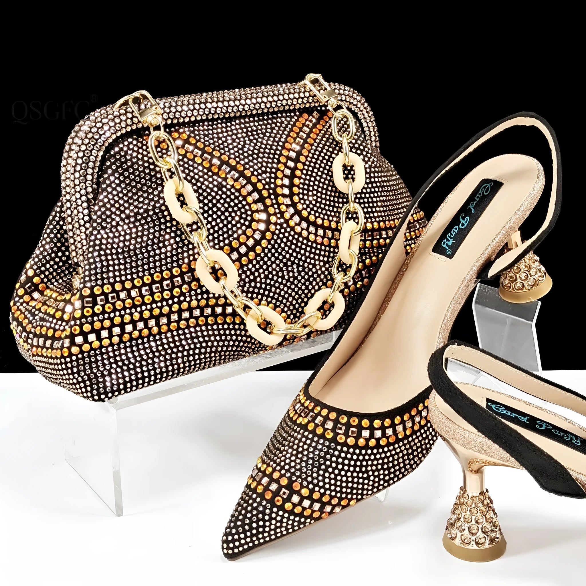 Women's pointed toe high heel shoes with rhinestone decoration and matching small bag in synthetic leather