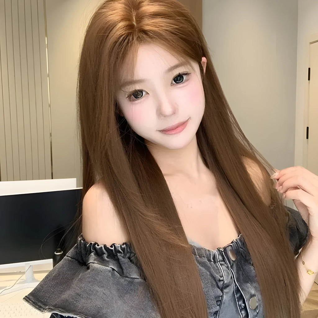 Warm brown long straight wig with centre-parted bangs and a white forehead lace front.