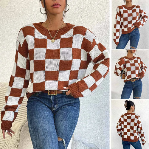 Dark brown acrylic pullover sweater with a chessboard plaid pattern and loose round neck.