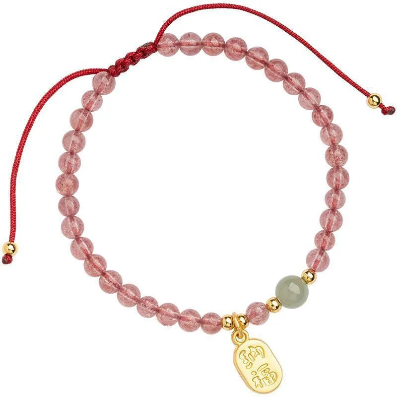 Hand-woven red rope bracelet with strawberry quartz crystals in minimalist national tide style