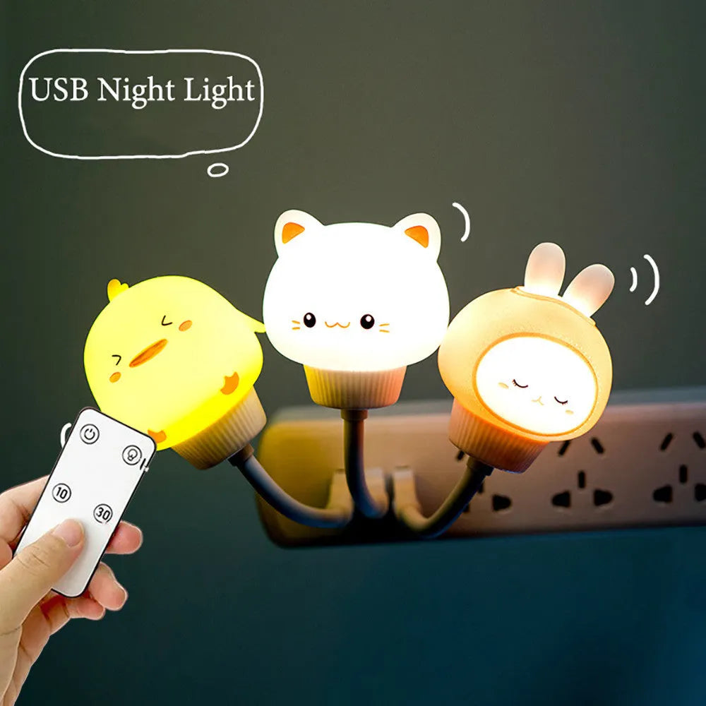 Cartoon animal USB night light with adjustable brightness on bedside table