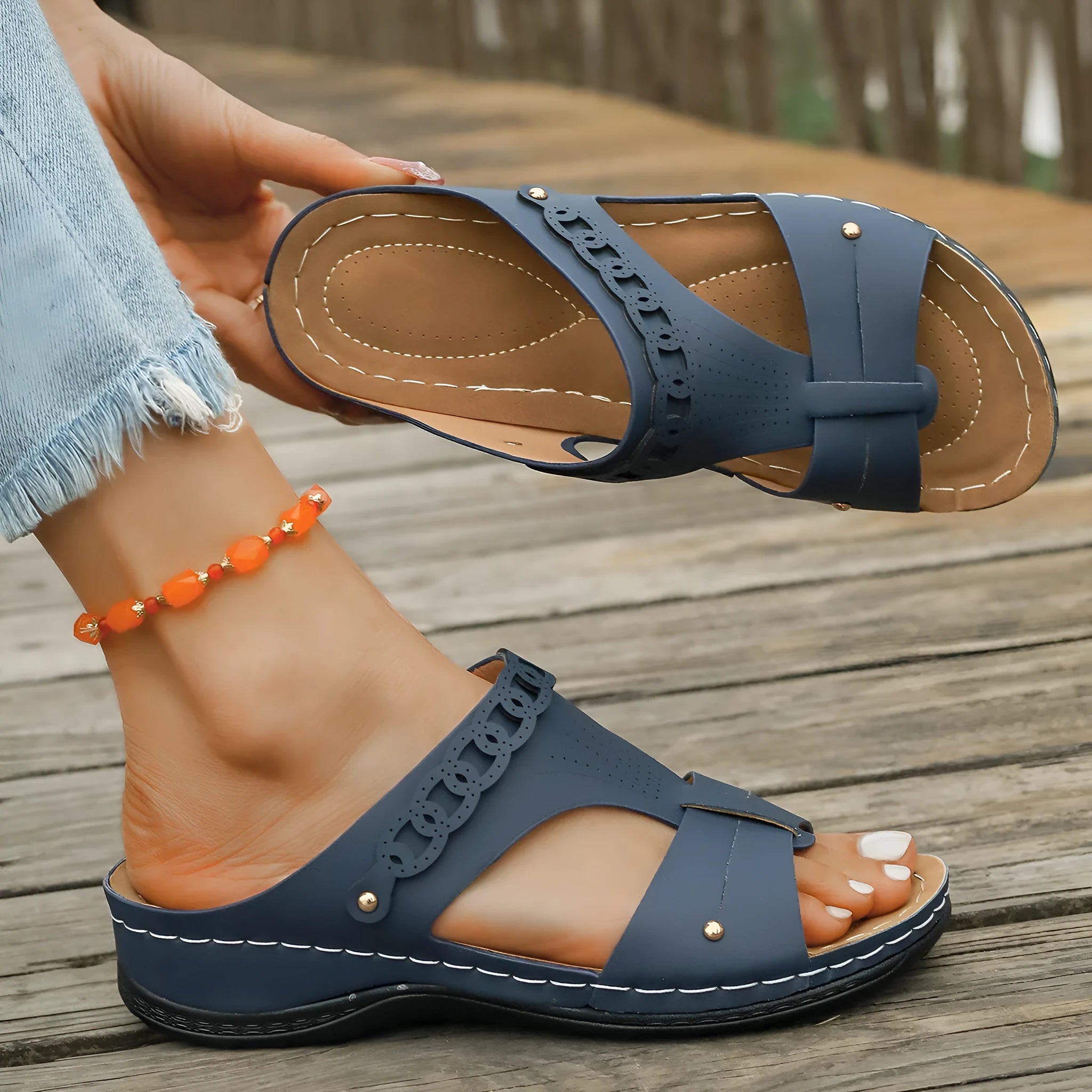 PU Roman style slippers with fish mouth toe holders in blue, black, white, beige, red and brown colours