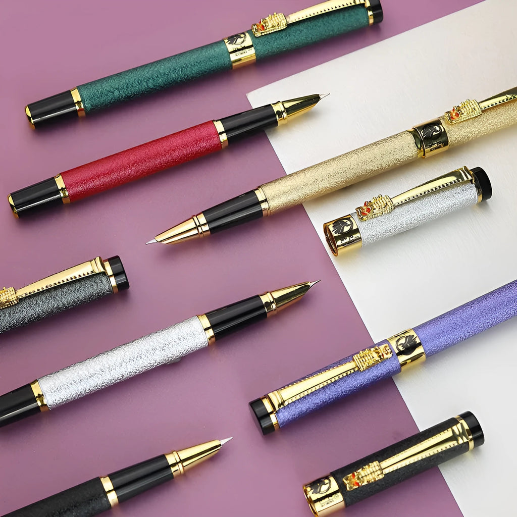 Metal tap fountain pen with iridium nib and rotary ink supply in assorted colours