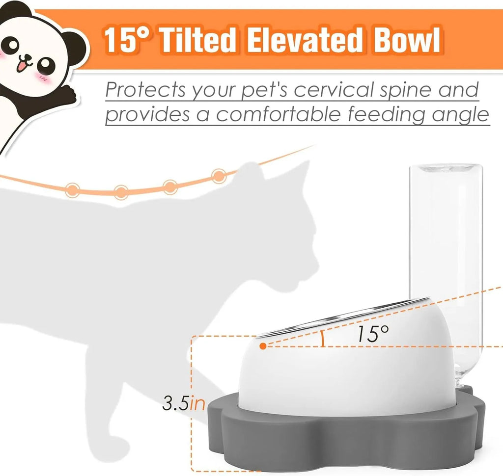 Grey and green tilted elevated pet bowl set with automatic water dispenser bottle for cats and small dogs.