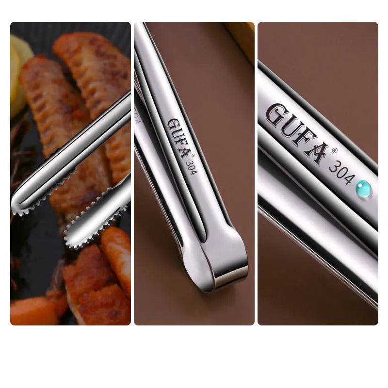 Stainless steel barbecue clamp in modern simple design on a table, showing the three size options small medium large
