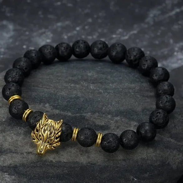 Asgard grey wolf head charm bracelet with lava stone beads on volcanic alloy chain