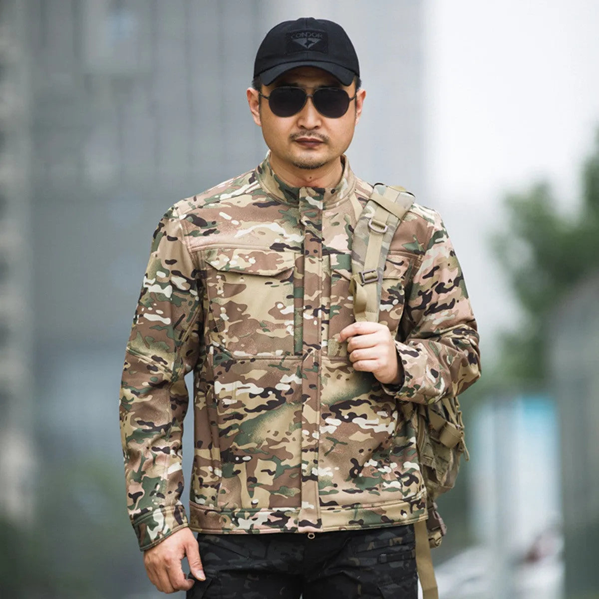 Bone Frog Peak Breaker soft shell mountaineering jacket in black camouflage