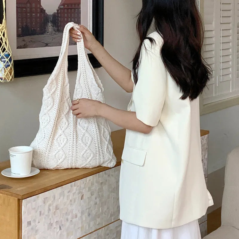 Retro woven shoulder tote bag with hollow knit design in solid colour with double straps