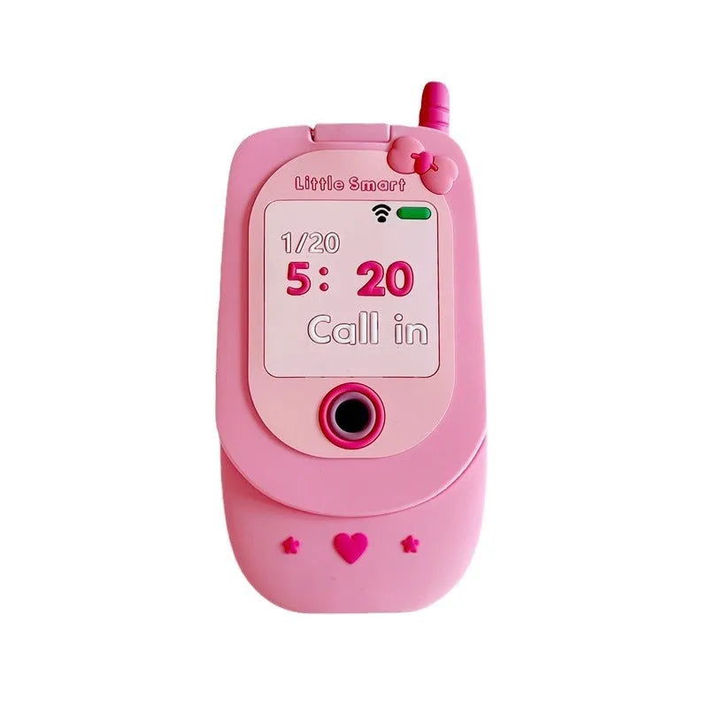 Pink silicone iPhone case shaped like a flip phone with a built-in mirror, showing cute cartoon style.