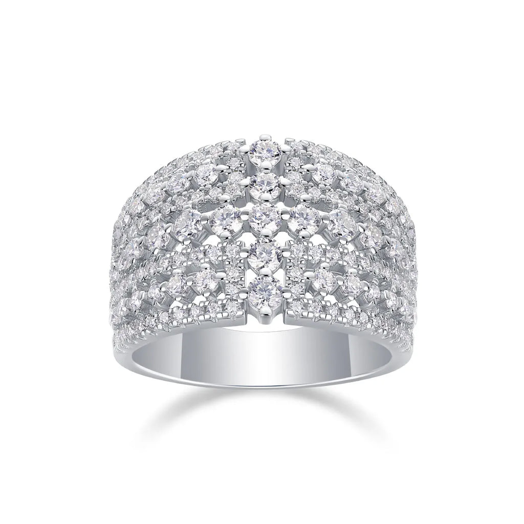 Ballet of Time moissanite wedding ring set in platinum finish with silver band and gift box