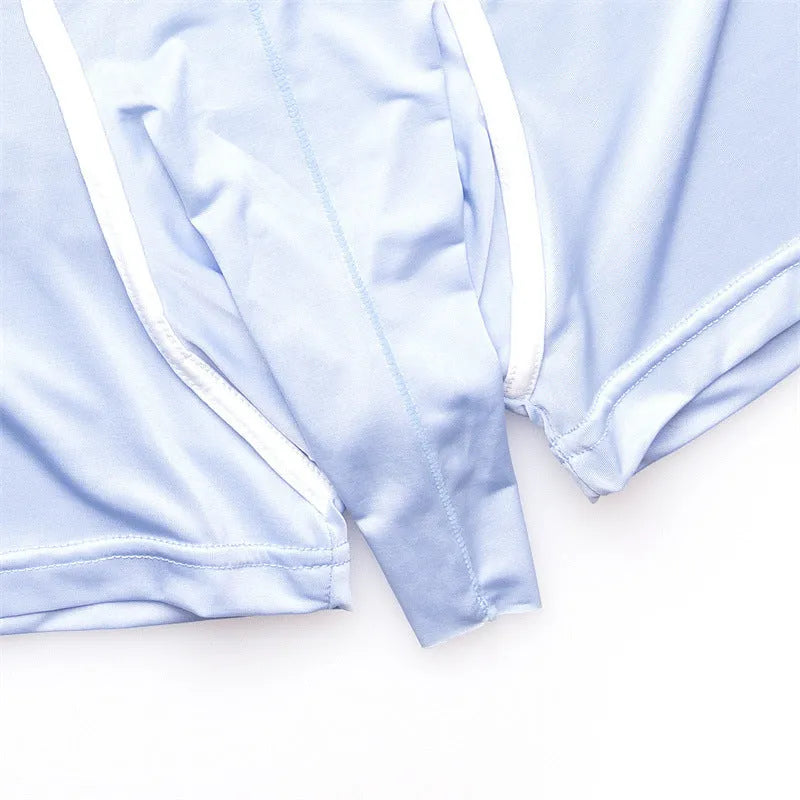 Men's solid colour boxer shorts in ice silk fabric, shown in grey, on a white background.
