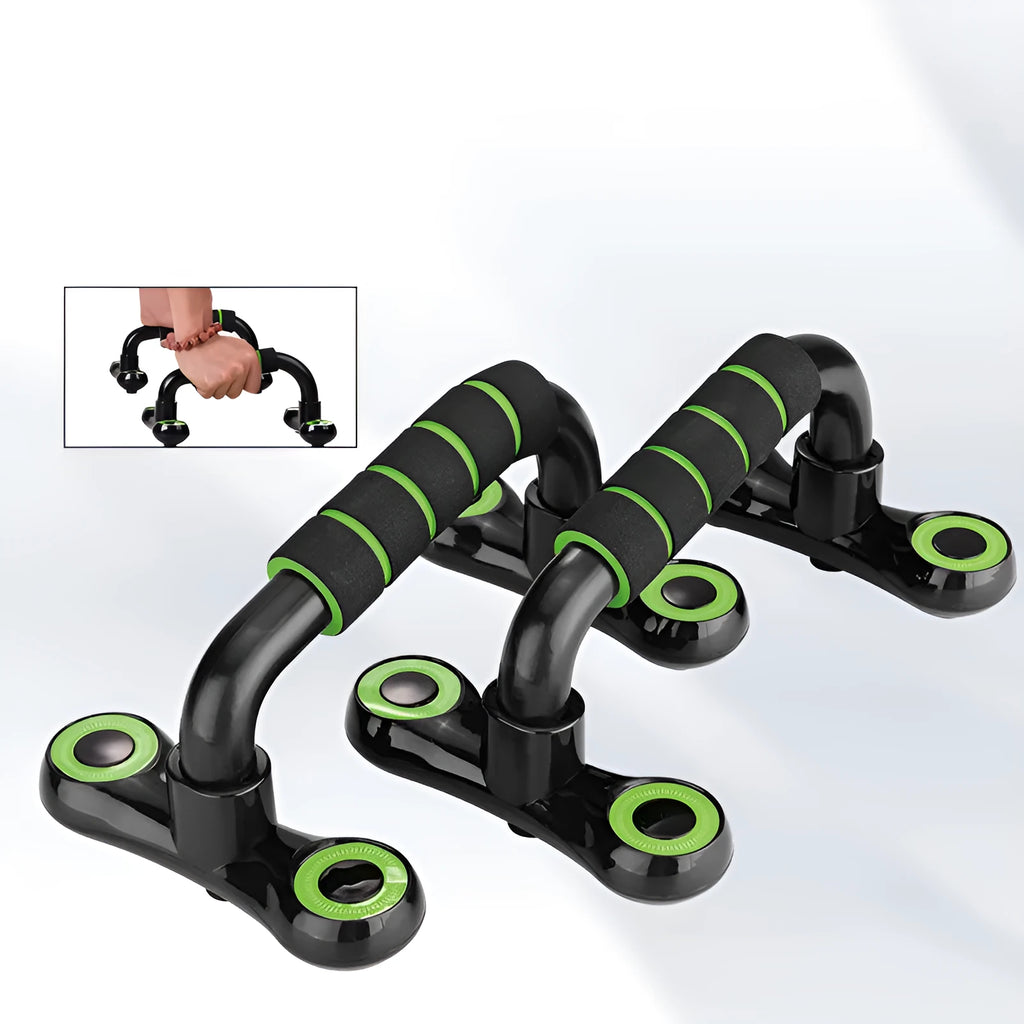 Multifunctional I-shaped detachable push up bars with black fruit green foam grip on a home gym floor