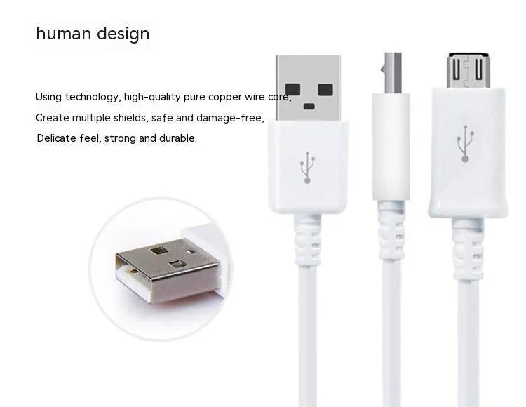 Black and white Android Micro USB data cable for phone charging and computer data transfer
