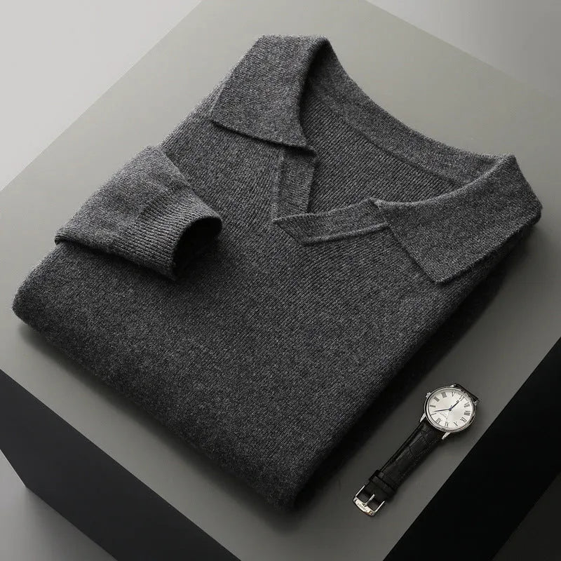 Men's dark gray wool polo collar knitted long sleeve sweater loose fit pullover