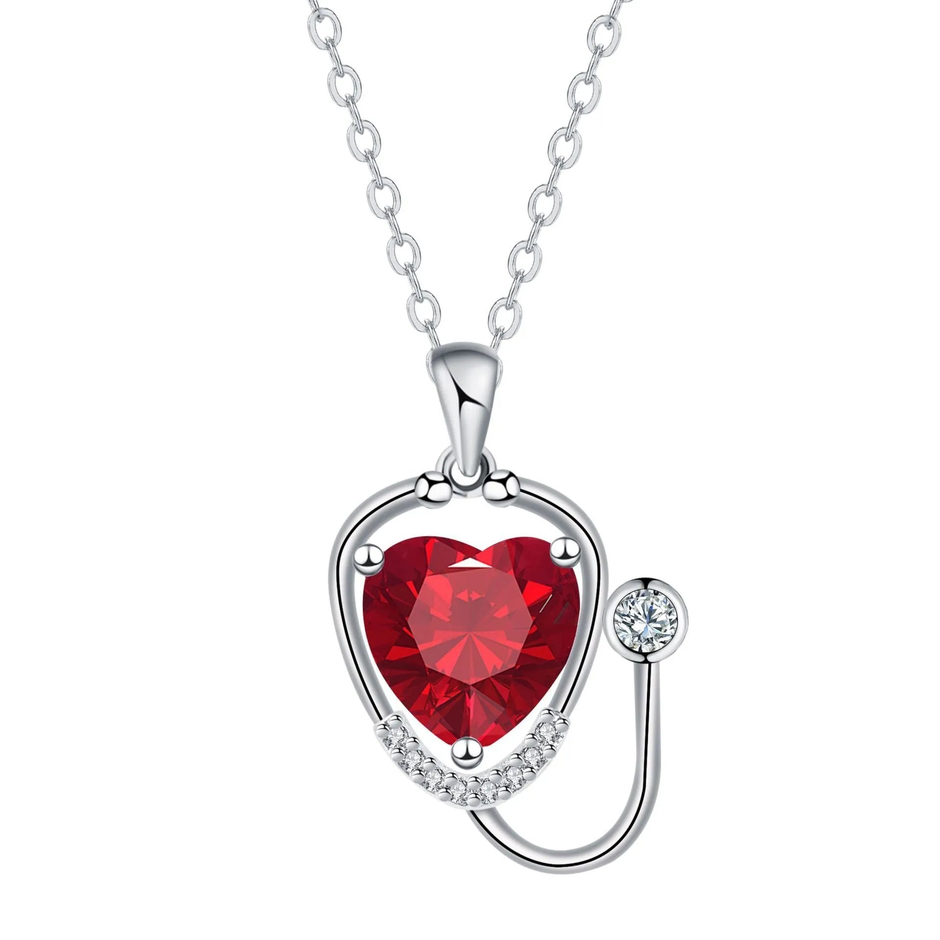 Women's copper stethoscope necklace with red diamond colour pendant on model