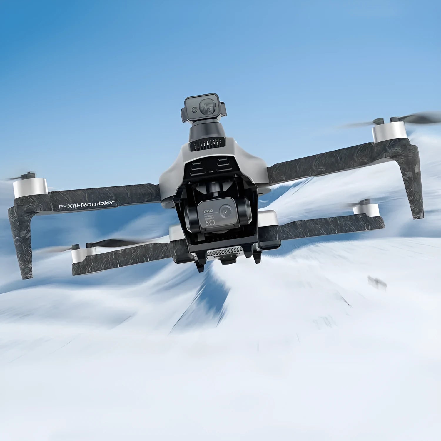 White folding quadcopter drone with camera, remote control, and shoulder bag on a table.