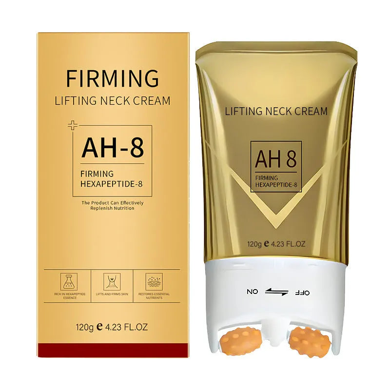 Roller neck cream in container with 120g net content for moisturising and firming.