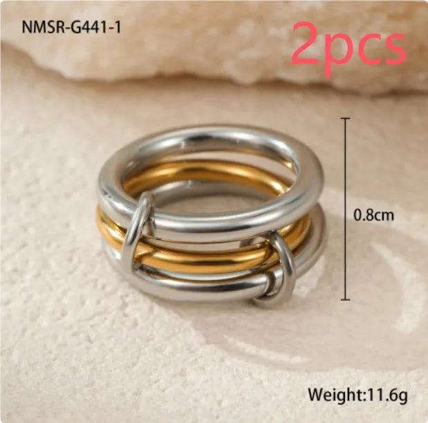 Stacked stainless steel ring with 18K gold plating in three colour variants for women's hand jewellery