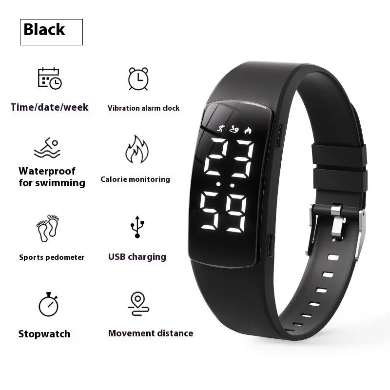 Vibration alarm smart watch with coloured silicone strap and LED display on wrist