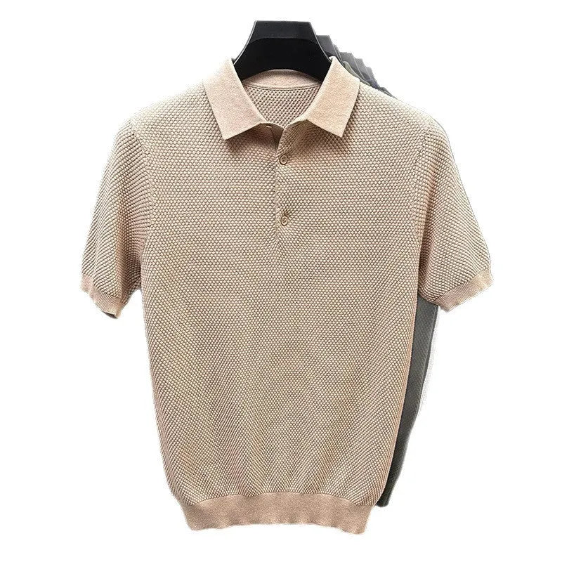 Men's loose fit short sleeve cotton pullover sweater in grey, showing relaxed casual style