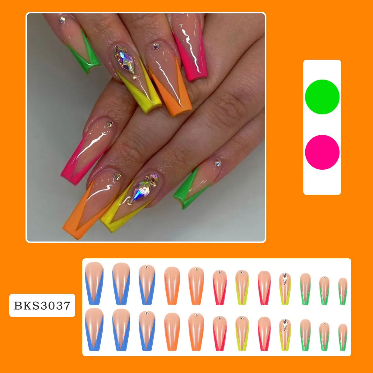 Detachable nail tips with diamond colour French finish and cartoon, love, cross heart patterns, plus jelly glue and filing strip.