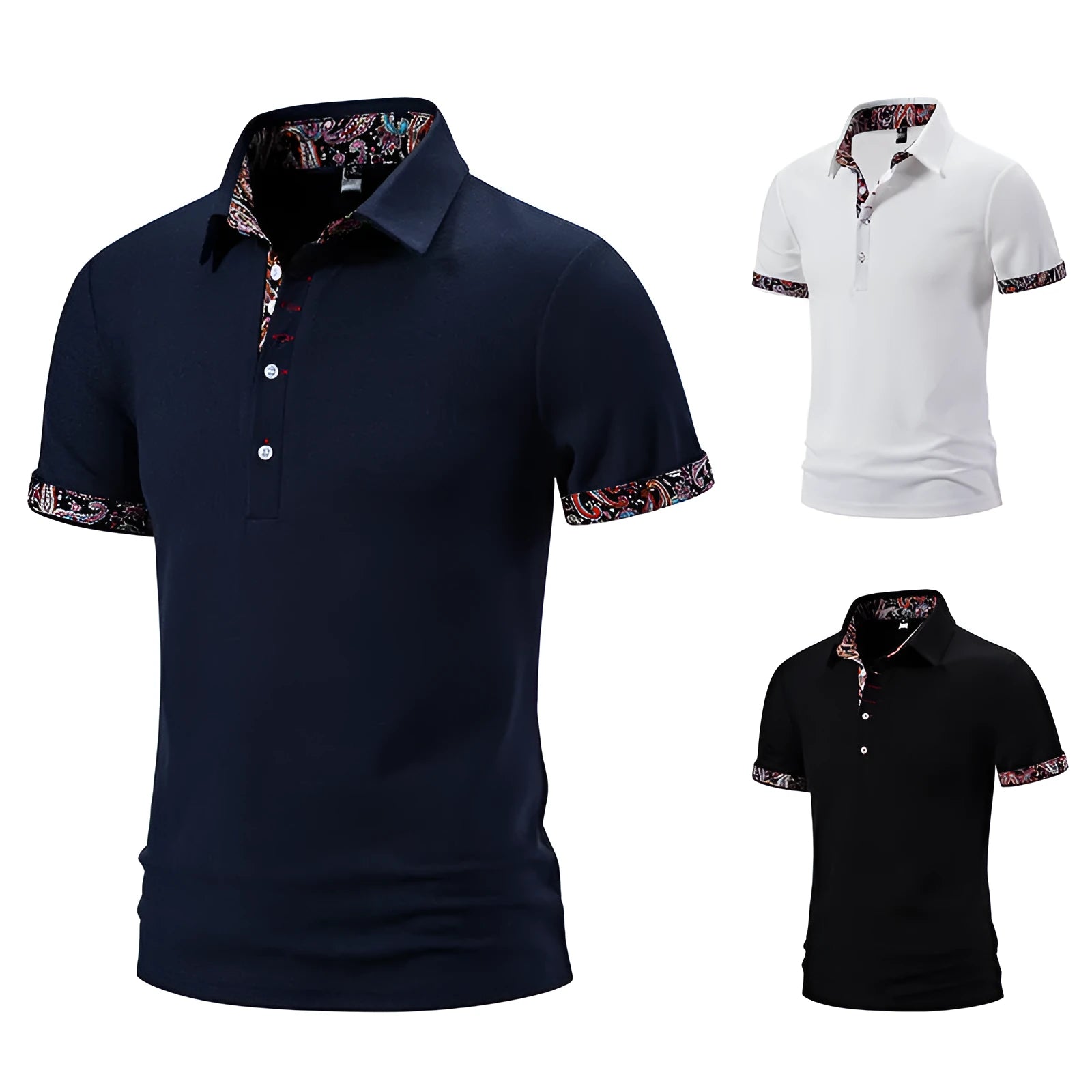 Men's cotton blend polo shirt in navy blue with a turnover collar and colour stitching detail.