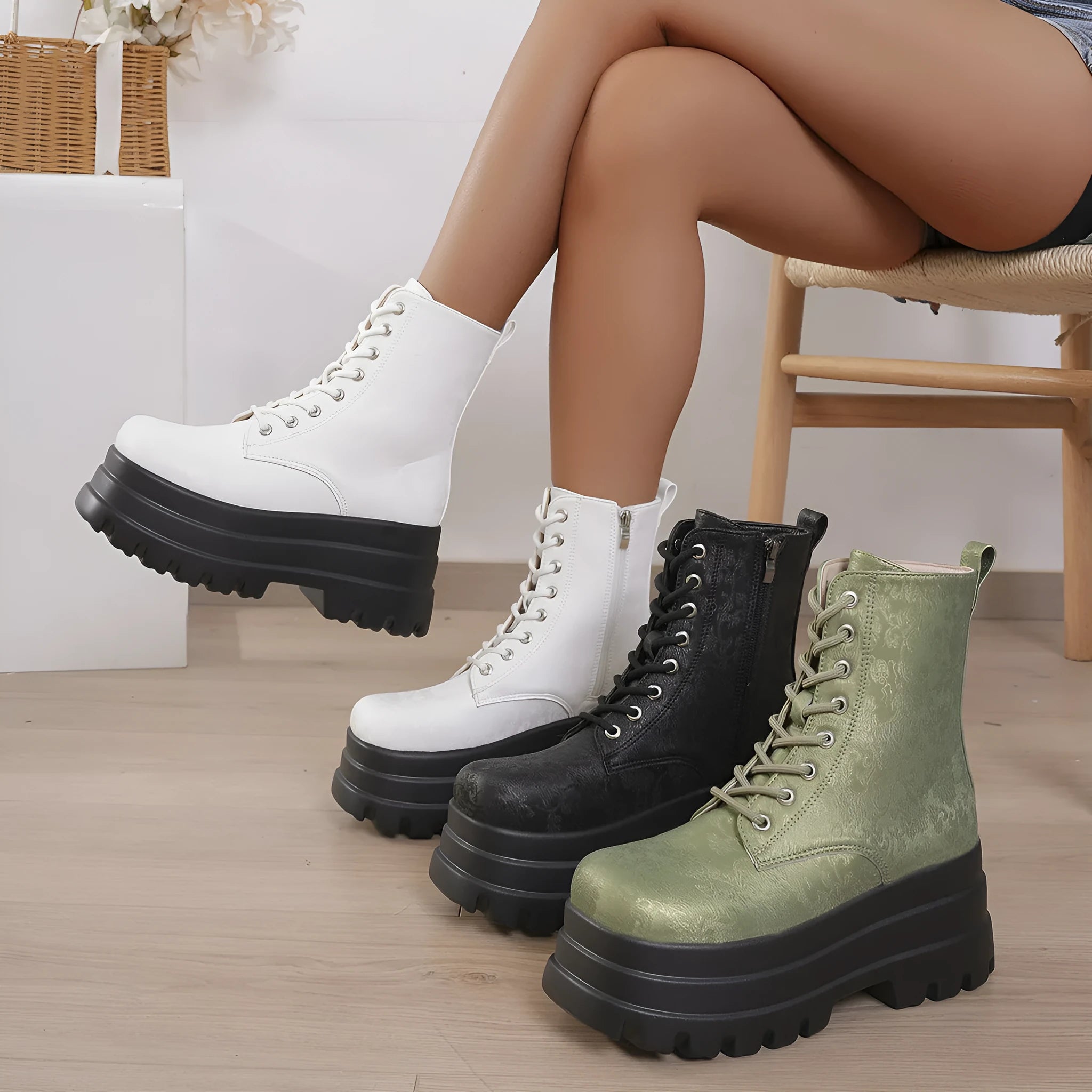 Women's retro platform Martin boots in black with patchwork round toe and side zipper